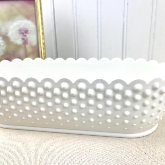 White Hobnail Bowl, Oblong Bowl, Decorative Bowl with Scalloped Edge - Picture 2 of 10